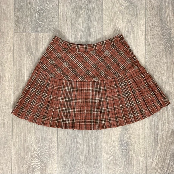 Aakaa Women’s Mini Skirt Pleated Plaid High Rise Brown Size S Preppy Academia - Picture 4 of 11